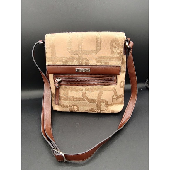 Etienne Aigner Crossbody Bag Tan Monogram Leather Trim Adjustable Strap